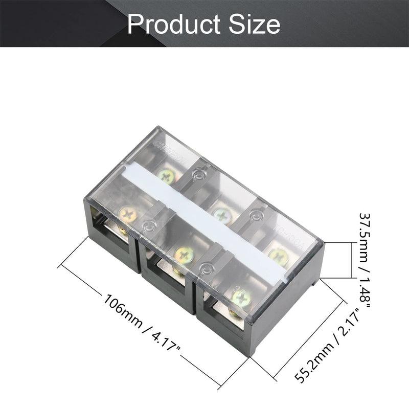 Fielect 2Pcs 3 Positions Dual Row 600V 100A Screw Terminal Strip Block with Cover Pre-Insulated Electric Terminals Barrier Strip Block, TC-1003 TC-100A/3P 2Pcs