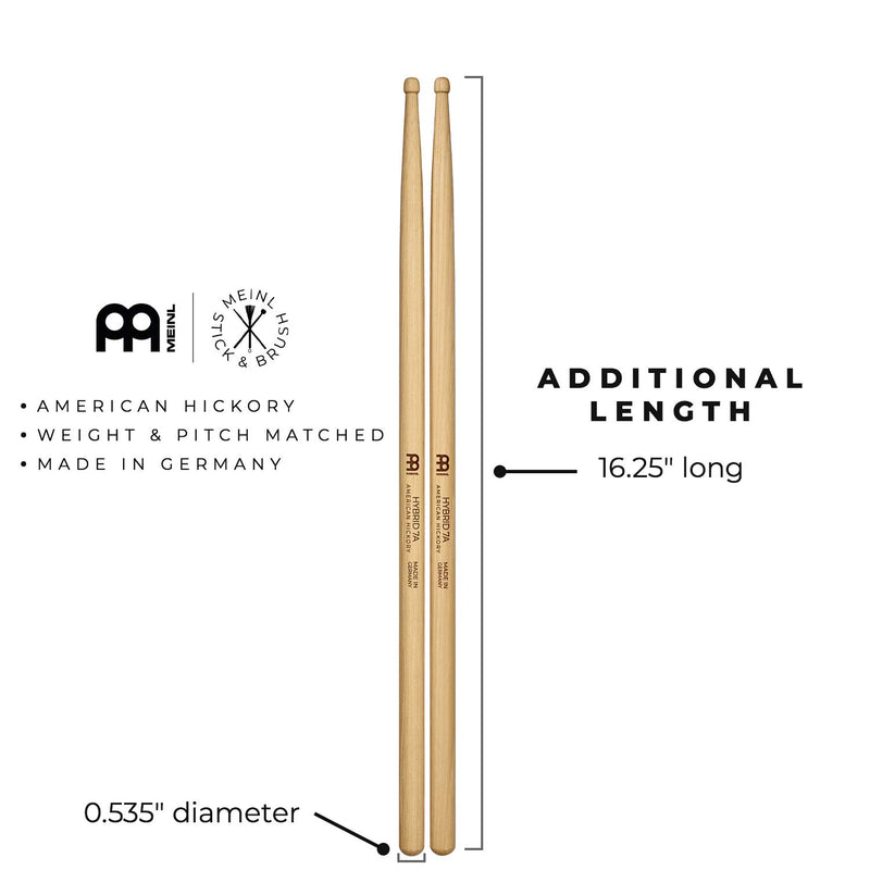 Meinl Stick & Brush Drumsticks, Hybrid 7A - American Hickory with Acorn/Barrel Shape Wood Tip - Made in GERMANY (SB105) Single Pair