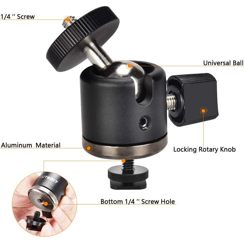 UTEBIT Ball Head with 1/4" Hotshoe Camera Mount Adapter 360 Degree Rotatable Aluminum Tripod Head for DSLR Cameras HTC Vive Tripods Monopods Camcorder Light Stand, Max. Load 6.6lbs