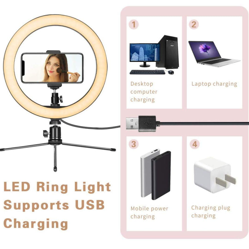 LED Ring Light 10" with Tripod Stand & Phone Holder for Live Streaming & YouTube Video, by TECHSAFE, Dimmable Desk Makeup Ring Light for Photography, Shooting with 3 Light Modes & 10 Brightness Level