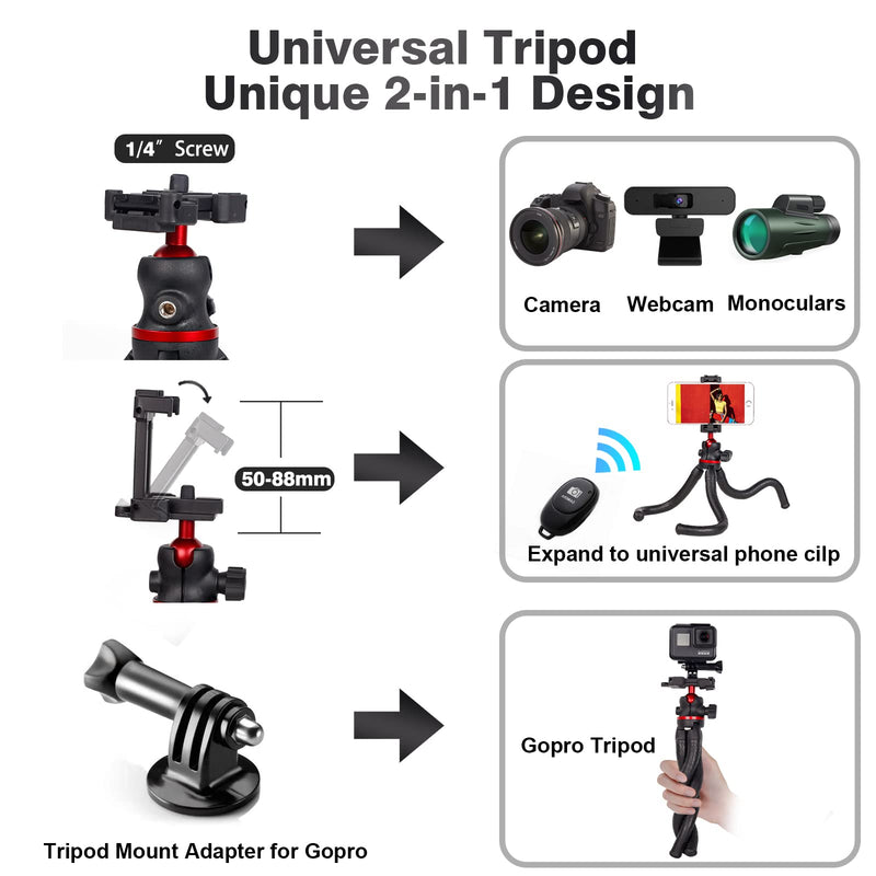 [AUSTRALIA] - LCNCY Flexible Phone Tripod Stand, Flexible iPhone Tripod with Remote, Mini Camera Tripod with Cold Shoe, 360° Waterproof Portable Travel Flexible Tripod Compatible with iPhone/Android/DSLR/Gopro Black + red 