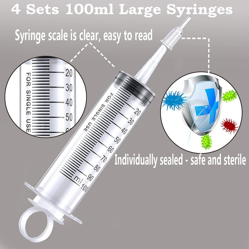 4 PCS 100 ml Syringes, Individually Wrapped Large Plastic Syringe Multiple Uses Syringe for DIY Tools, Liquid Mixing Transferring, Feeding, Watering, Scientific Labs and Experiment… Without Tube