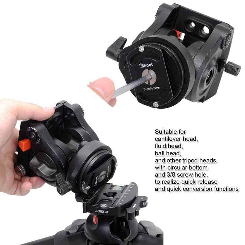 iShoot Metal Quick Release Adapter Tripod Head Mount Converter for Cantilever Head, Fluid Head, Ball Head, Tripod Head with Circular Bottom & 3/8" Screw Hole, Bottom is Arca Type Quick Release Plate