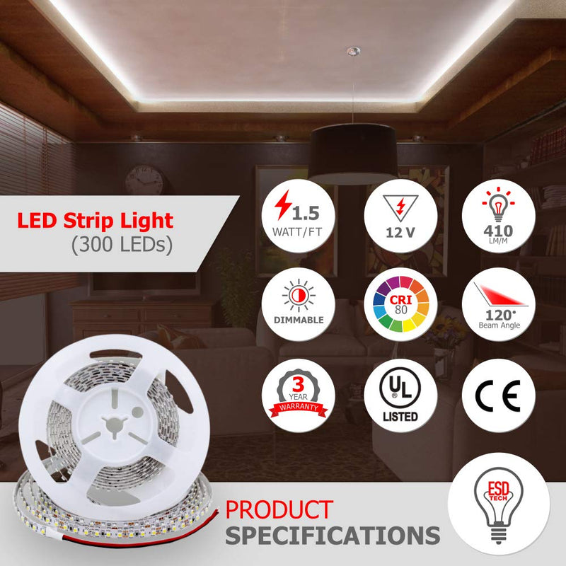 [AUSTRALIA] - ESD Tech 12V LED Strip Light – Waterproof, 5m/16.4ft Long Tape, 5000K, 410Lm/m, 300 Units, Dimmable, Daylight White, 2-Pin Connector. Bathrooms, TV’s, Kitchens, Cabinets. Self-Adhesive, Hardwire 5000k+ Daylight White 300 LED Units (Waterproof) 