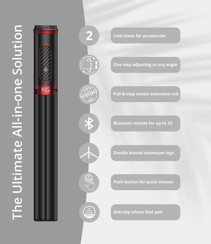 [AUSTRALIA] - KraftGeek Tripod for Phone Selfie Stick Tripod with Remote for iPhone, Android Phones with 2 Cold Shoes for Light and Microphone(not Included), Extendable to 5 Feet, Made of Aluminum Black & Red 