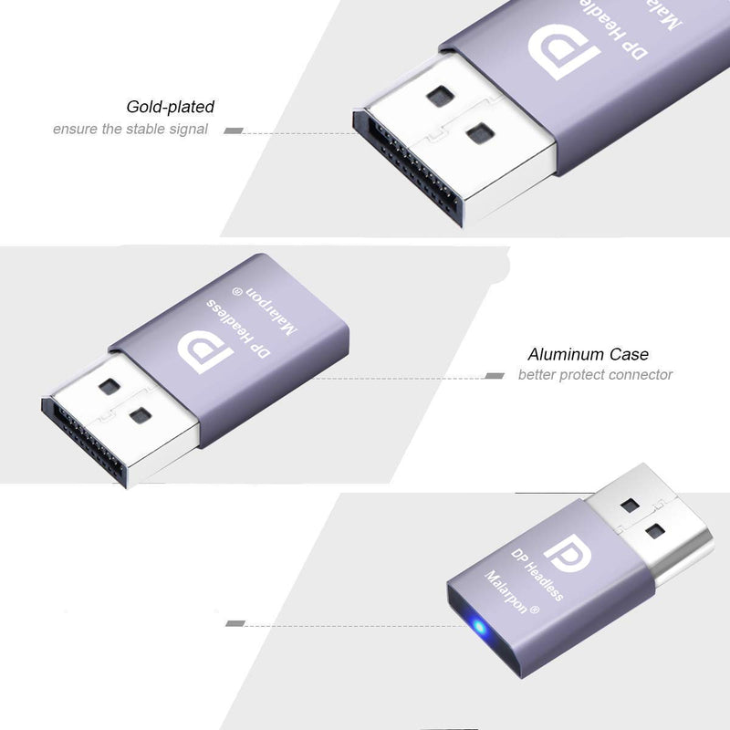 Malarpon DispalyPort Headless Ghost Display Emulator with Blue Light for PC 4K DP Dummy Plug (fit Headless 1080@60Hz-3840x2160@17Hz) 3P DP-3P