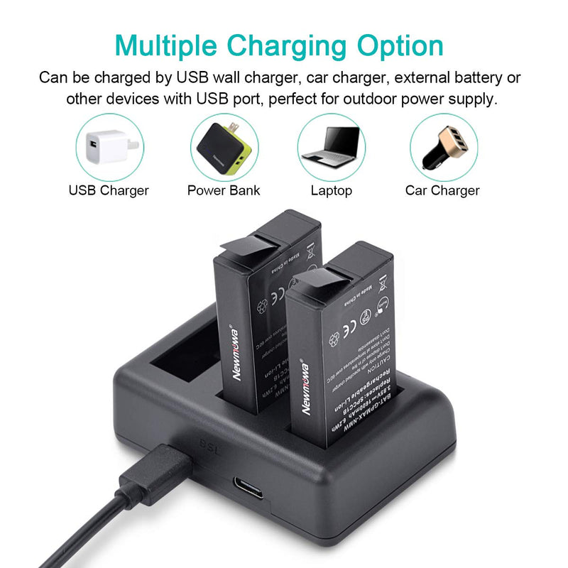 Newmowa Replacement Battery (2-Pack) and Rapid 3-Channel Charger for GoPro MAX (Fully Compatible)