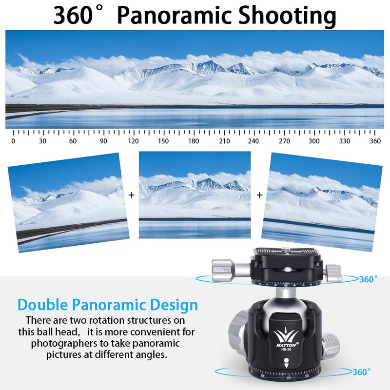 Low Profile Double Panoramic Ball Head, 360 Degree Panoramic Professional Heavy Duty All Metal Tripod Head with Quick Release Plates for Tripod, Monopod, DSLR, Camcorder NB36