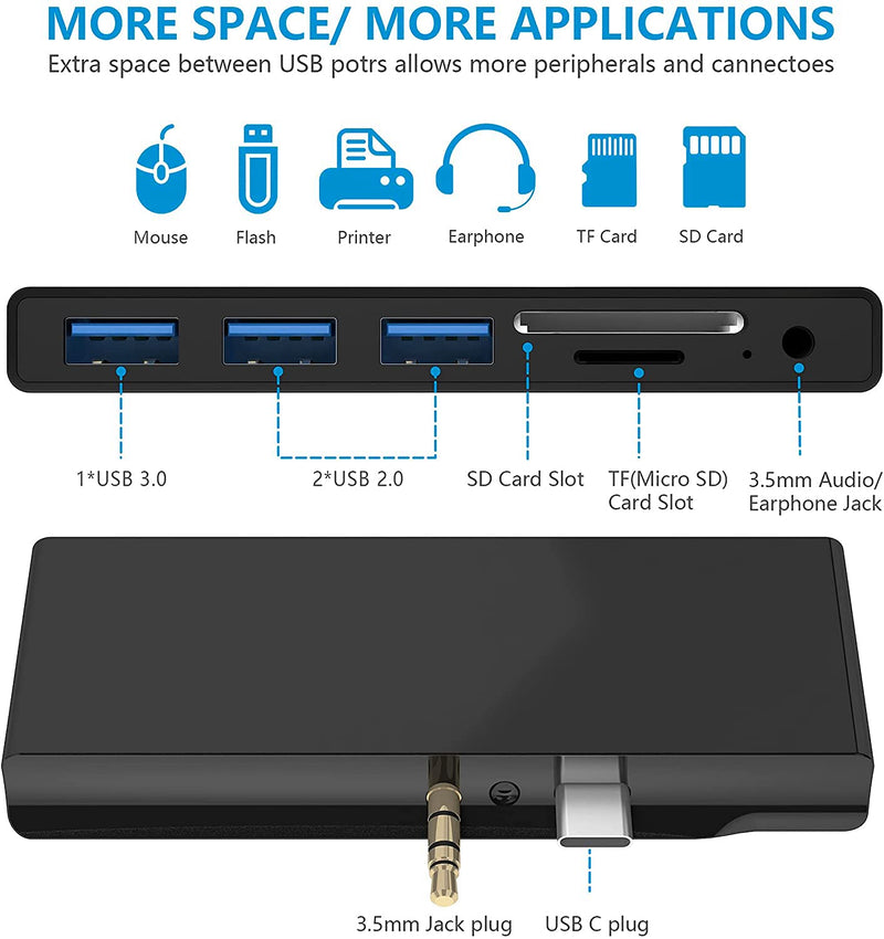 Surface Go/Surface Go2 Hub, 6-in-2 USB C Surface Go/Go 2 Docking Station with USB 3.0+2 USB2.0 Ports, 3.5mm Earphones Jack,SD/TF Card Reader(Surface Go/Surface Go 2 Adapter)