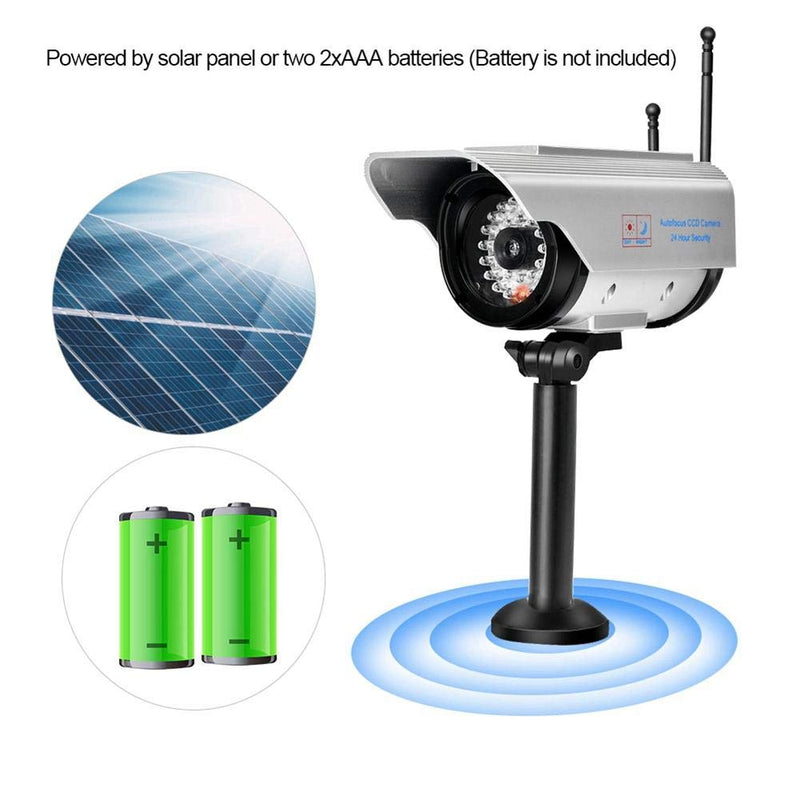 Dummy Camera, Solar Power LED Fake Camera Outdoor Security Surveillance Silver Dummy Camera, Simulated Video Camera Indoor Outdoor Surveillance Camera