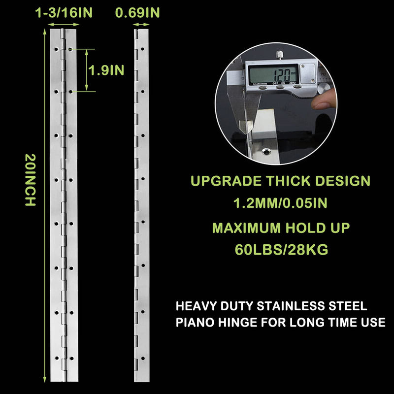 2PCS 20Inch Continuous & Piano Hinges, Heavy Duty Stainless Steel Piano Hinge with Hole, 0.05" Thickness/1.2" Open Width Folding Cabinet Door Butt Hinge