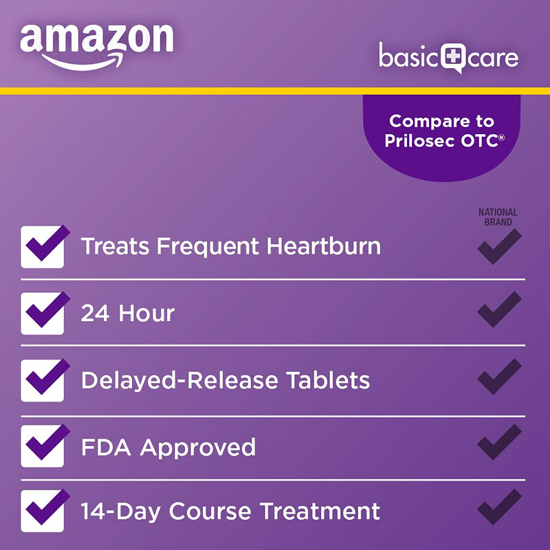 Amazon Basic Care Omeprazole Delayed Release Tablets 20 mg, Acid Reducer, treats frequent heartburn, 42 Count (Pack of 1)
