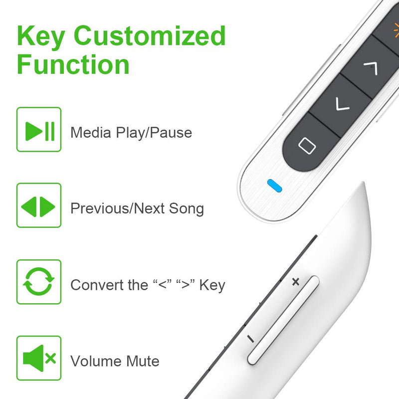 NORWII N76 Green Presentation Clicker Rechargeable Wireless Presenter Remote with Green Light, 330FT Presentation Pointer Slide Advancer Support Hyperlink/Volume/Key-Customized White-N76 Green Light
