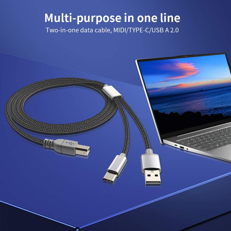 2 in 1 USB Midi Cable,USB C/USB A to USB B Printer Cable Work with Midi Keyboard/Electronic Music Instrument/Piano/Recording Audio Interface,Compatible with iPad Pro/MacBook Pro/Samsung/Google/Laptop Black