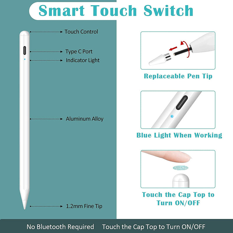 Granarbol Stylus Pen for iPad Pencil,Rechargeable Active Stylus Pen Fine Point Digital Stylist Pencil Compatible with iPad/iPad Pro/Mini/Air/ iPhone Most Capacitive Touch Screens Cellphone Tablets White