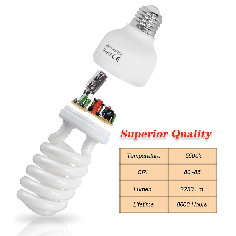 Emart 45W Full Spectrum Light Bulb, 5500K Photography Photo CFL Daylight Pure White for Video Studio Lighting