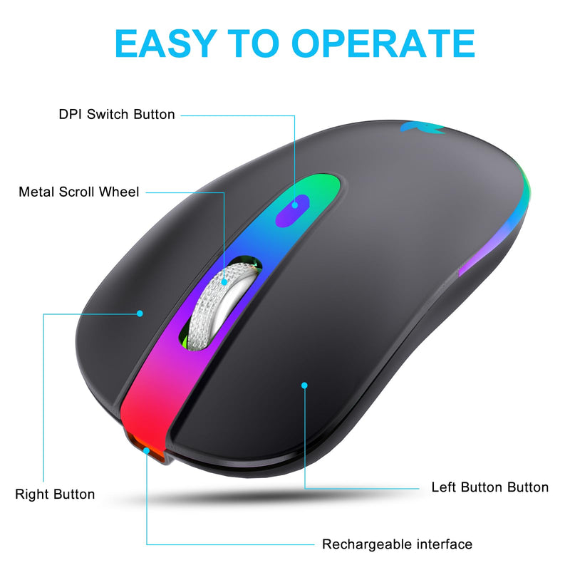 [AUSTRALIA] - HZD LED Wireless Mouse, Slim Silent Rechargeable Mouse, 2.4G Portable USB Optical Mouse with Type C Adapter, 3 Adjustable DPI Levels 1600/1200/800 Computer Mouse for Laptop,PC,MacBook,Notebook Black 