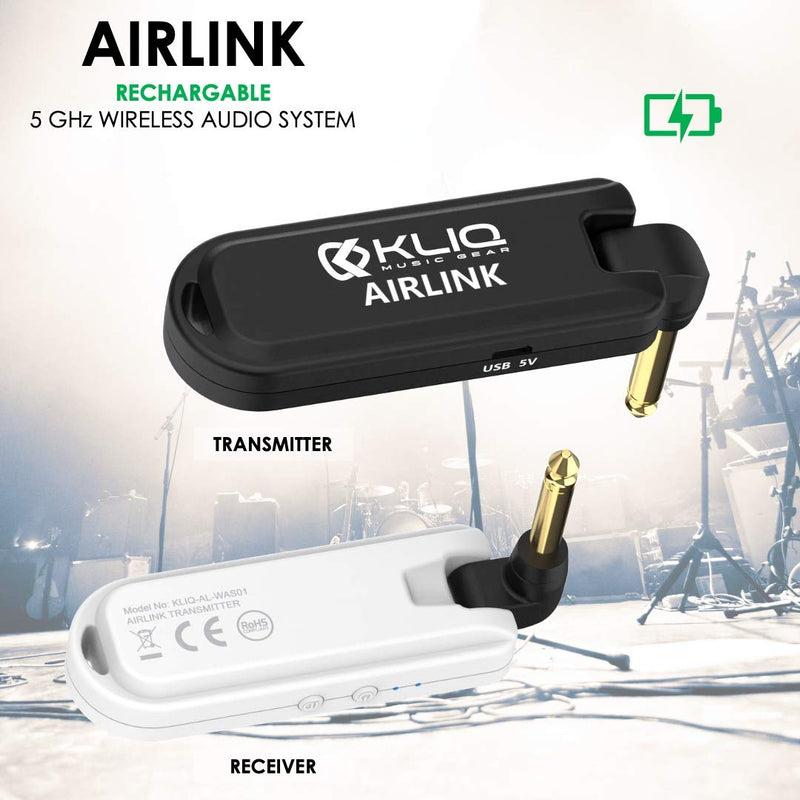 [AUSTRALIA] - KLIQ Airlink 5.8 GHz Rechargeable Wireless Audio System designed for Electric Guitar, Bass and other Electric Instruments-Digital Transmitter/Receiver Set (5.8G Wireless) Black/White 