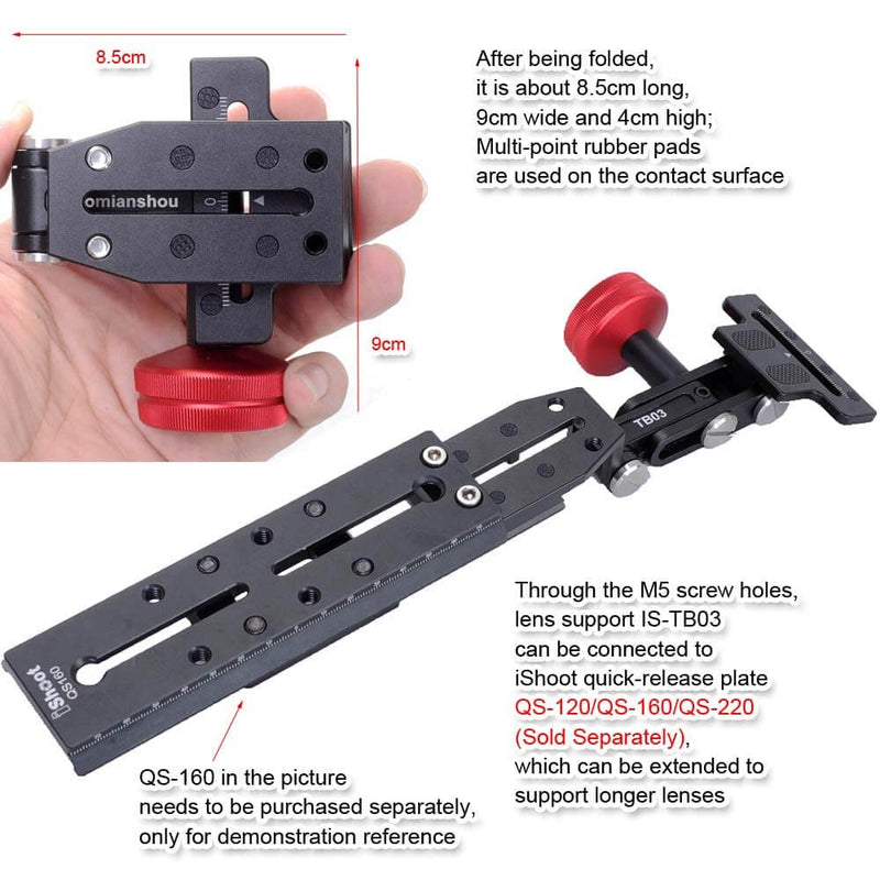 iShoot Foldable Long Focus Lens Support, Portable Telephoto Lens Bracket, Zoom Lens Stand, 2-in1 Camera Quick Release Plate Compatible with Manfrotto 200PL & Arca-Swiss Fit Tripod Ball Head Clamp