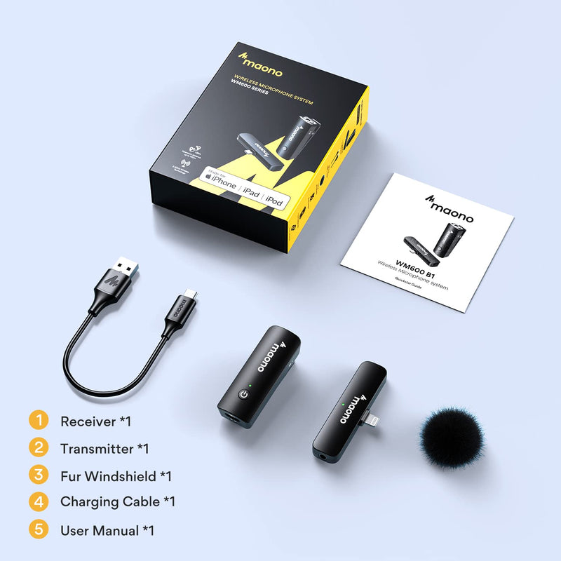 MAONO Wireless Lavalier Microphone for iPhone iPad, MFi Certified, 2.4GHz Wireless Lapel Mic with One Key Noise Cancelling for TikTok, Interview, Vlogging, Live Streaming(WM600 B1)