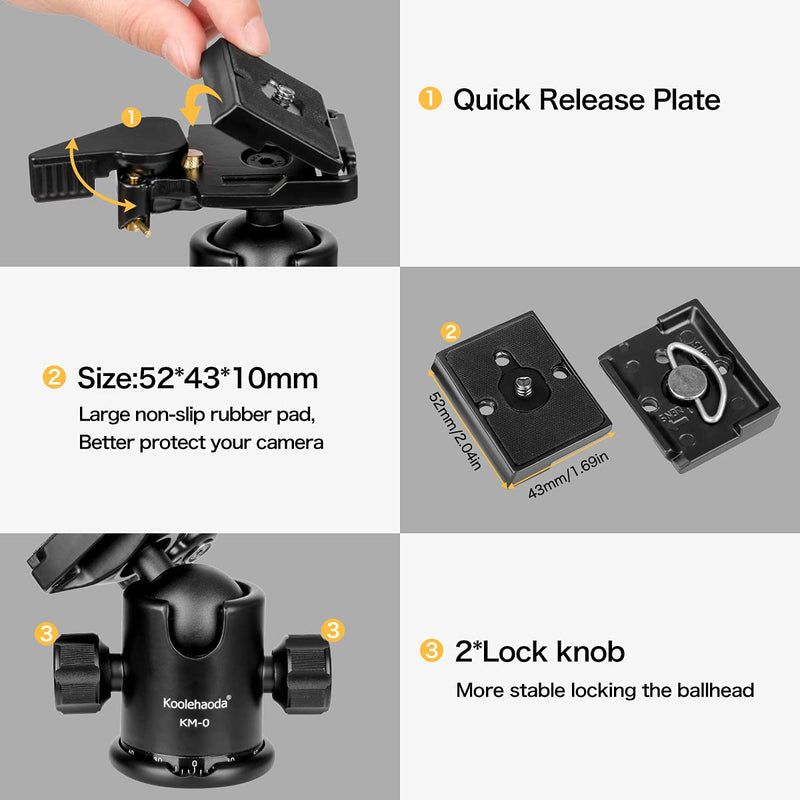 koolehaoda KM-0 Tripod Ball Head Metal Camera Tripod Head with Quick Release Plate 360° Panoramic Shooting for Canon Sony Nikon DSLR Cameras and Monopod.