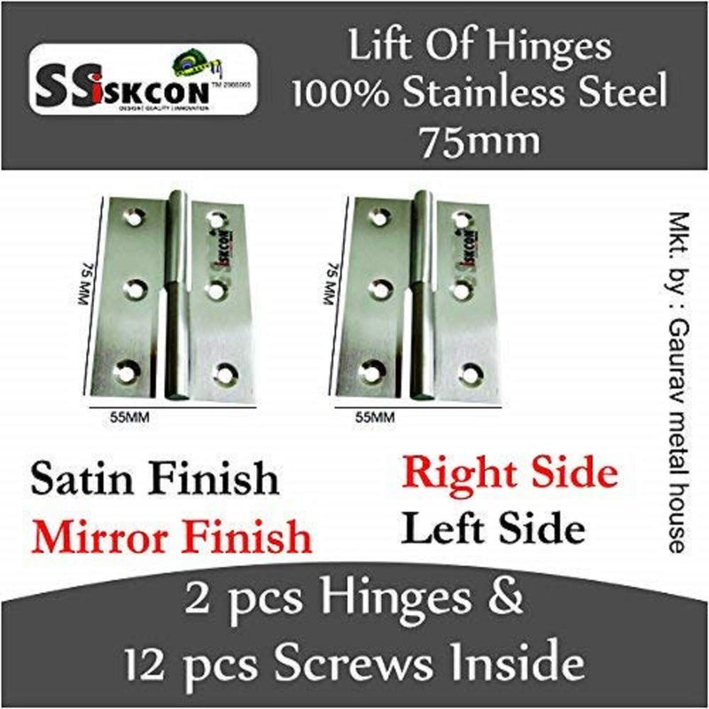 s siskcon Lift Off Hinges SSiSKCON Pure Stainless Steel Hinges 3''(75MM) Satin Finish 32D(630),Right Side(Set of 2 Pcs. with Stainless Steel Screws) 3 inch ( 75mm) Right