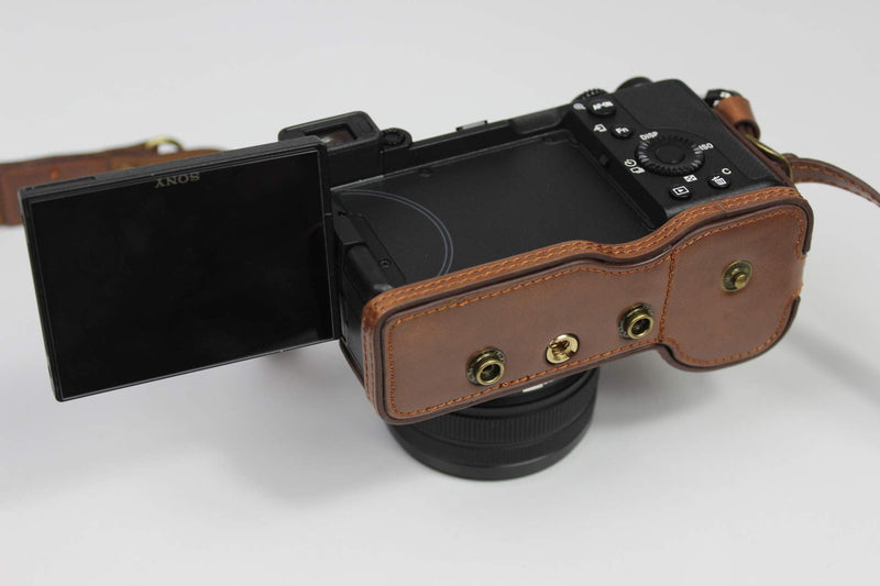 A7C Case, BolinUS Handmade PU Leather Fullbody Camera Case Bag Cover for Sony Alpha A7C with 28-60mm Lens Bottom Opening Version + Neck Strap + Mini Storage Bag (Coffee) Coffee