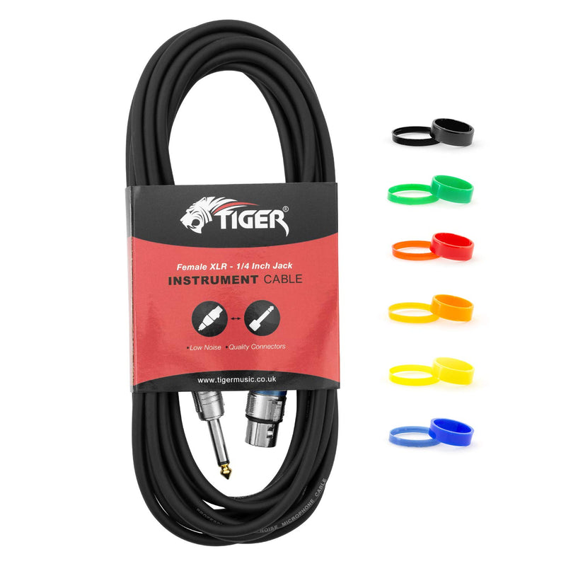 Tiger MIC6 6 Metre, 20 Foot Female XLR to 1/4 Inch Jack Microphone Cable – Low Noise Unbalanced Instrument Cable with Interchangeable Coloured Loops