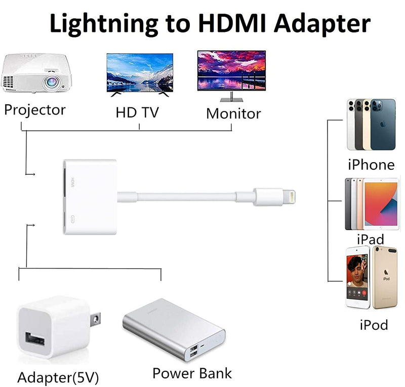 Lightning to HDMI Adapter for iPhone iPad, Apple MFi Certified 1080P Lightning to Digital AV Adapter Sync Screen Converter with Charging Port for iPhone iPad HDMI Converter to HD TV Projector Monitor White