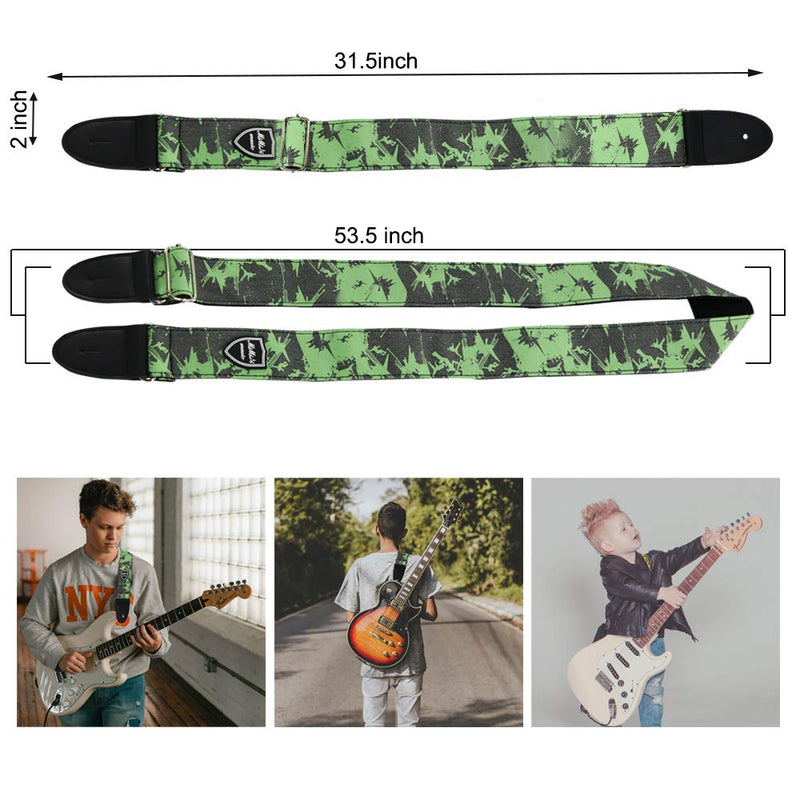 MIMIDI Green Cool Guitar Straps - 100% Cotton Acoustic Electric Guitar Strap with Pick Holder & Leather Ends, Woven Bass Straps for Men/Women/Youth/Kids (Graffiti Pattern)