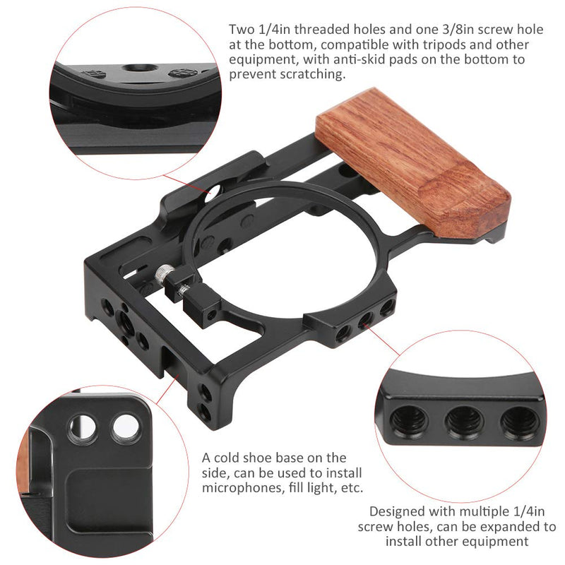 Camera Rig Cage for Sony ZV1 Camera, Vlogging Video Shooting Stabilizer Cage Frame with Wooden Handle Grip, with 1/4in & 3/8in Screw Hole and Cold Shoe Base