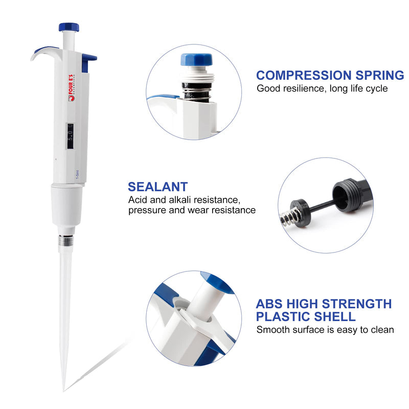 5mL Adjustable Volume Pipette - Four E's Scientific Lab Single Channel Micro Pipettor, 1-5mL Manual Liquid Micropipette 1000-5000μl (increment :50μl)