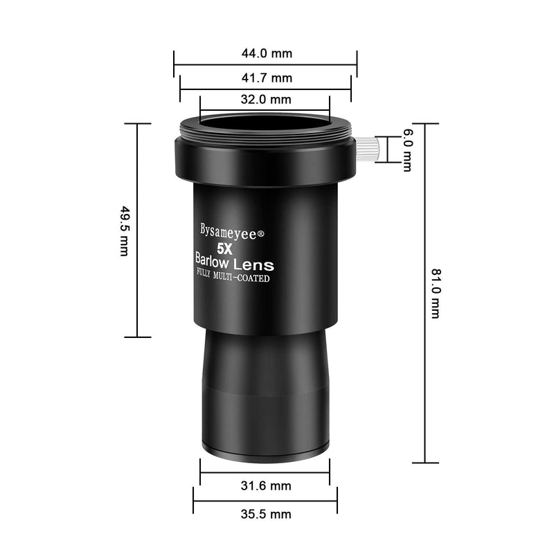 Bysameyee Barlow Lens 5X, 1.25-Inch Fully Multi-Coated Blackened Metal Optical Glass with T Adapter M42 Thread for Astronomic Telescope Eyepiece