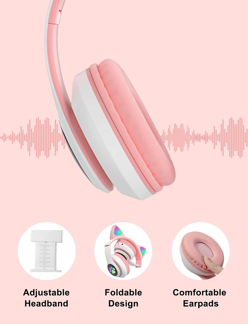 Kids Headphones, TOKANI Bluetooth Wireless Headphones for Kids Teens Adults, Over-Ear Bluetooth Headphones with Microphone, Cat Ear Headphones for Girls Women (Pink)