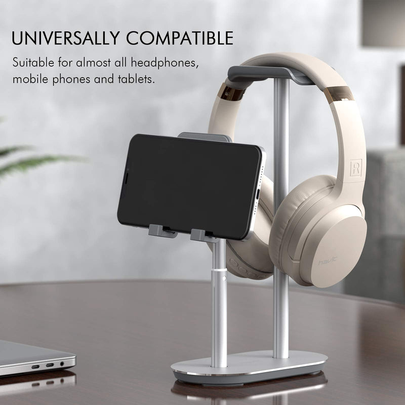 Havit Headphone Stand and Phone Holder Height & Angle Adjustable Gaming Headset Holder Mobile Phone & Tablet Mout Stand for Desk PC Gamer Offices and Desktop Silver