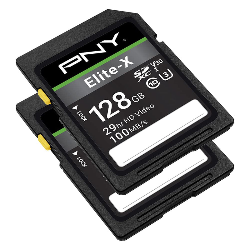 PNY 128GB Elite-X Class 10 U3 V30 SDXC Flash Memory Card 2-Pack - 100MB/s, Class 10, U3, V30, 4K UHD, Full HD, UHS-I, Full Size SD 128GB 2-Pack