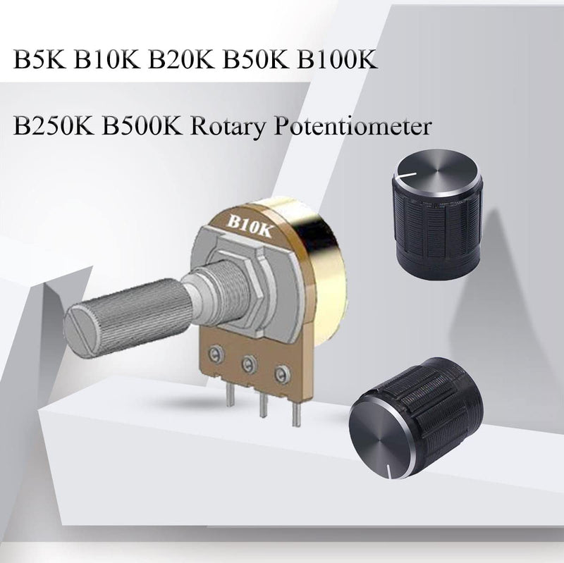 Dafurui 21Pcs[7 Values x 3pcs] B5K B10K B20K B50K B100K B250K B500K Rotary Potentiometer Linear Potentiometer Kit 3 Terminals 20mm Shaft with Nuts, Washers and Aluminum Alloy knobs