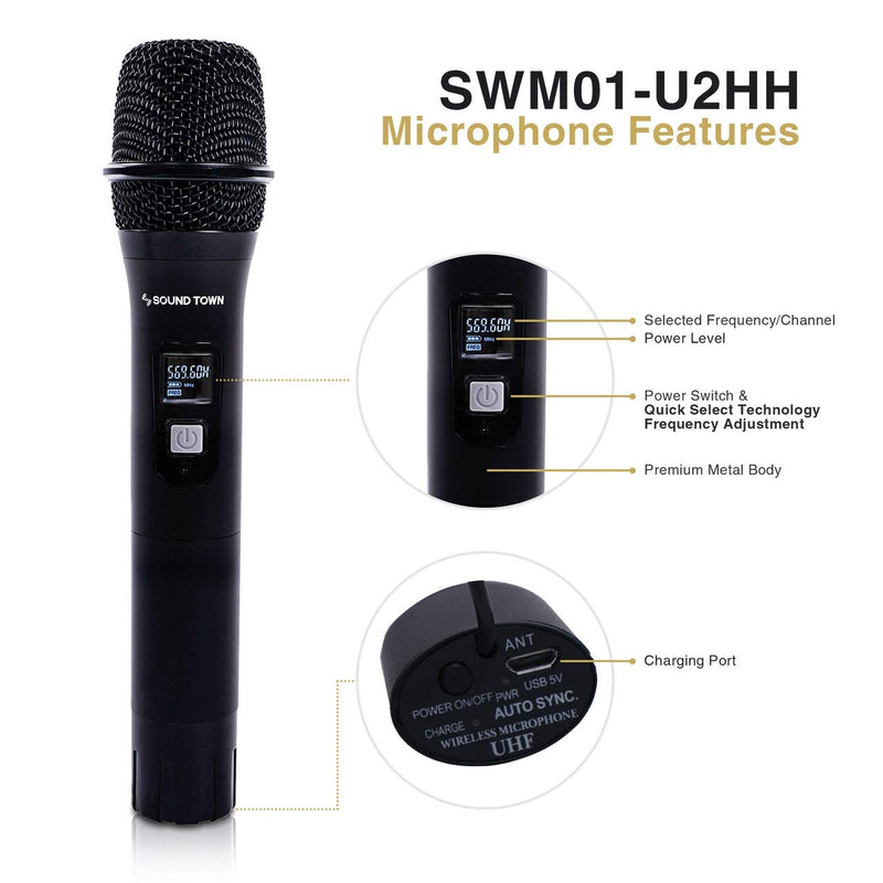 [AUSTRALIA] - Sound Town 20-Channel UHF Wireless Microphone System with Mini Portable Receiver, 1/4" Output, 2 Aluminum Handheld Microphones for Church, Business Meeting, Outdoor Wedding and Karaoke (SWM01-U2HH) 
