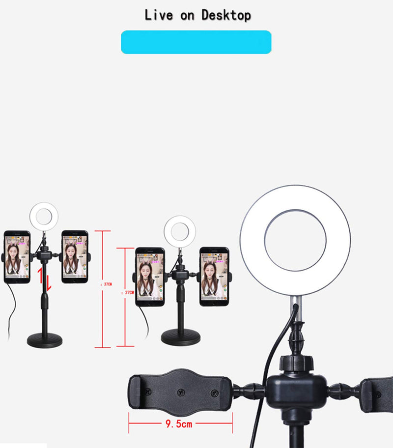 NiSotieb Desktop Selfie Ring Light with Dual Phone Holder for Live Streaming Camera Ring Light Desktop Fill Light On-Camera Video Lights for Live Stream/Makeup/YouTube Video