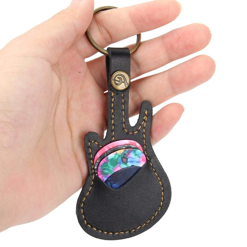 Bnineteenteam Guitar Shaped Guitar Picks Holder Case PU Leather Guitar Plectrum Holder with 5pcs Colorful Picks for Guitar Players Black