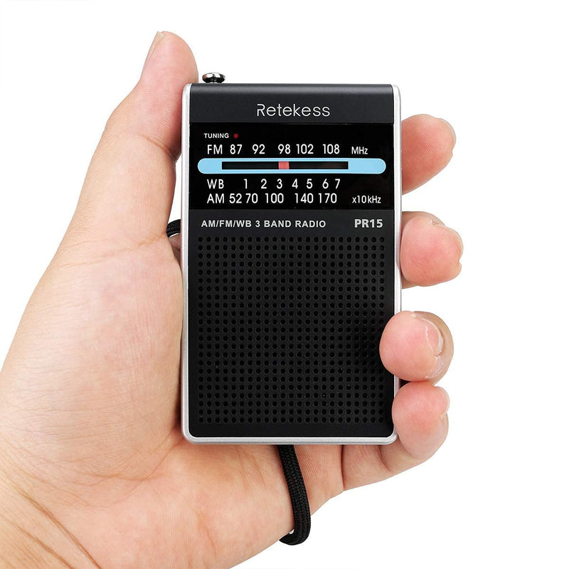 Retekess PR15 Pocket NOAA Weather Radio, AM FM Weather Radio Portable, Little Transistor Radio Powered by AAA Battery for Walking, Camping (Silver Black)