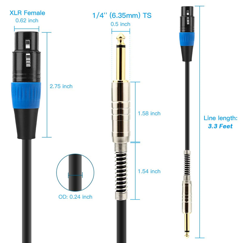 JOLGOO XLR Female to 1/4" 6.35mm Mono TS Cable, Unbalanced XLR Female to 1/4" TS Plug Microphone Cable, 3.3 Feet