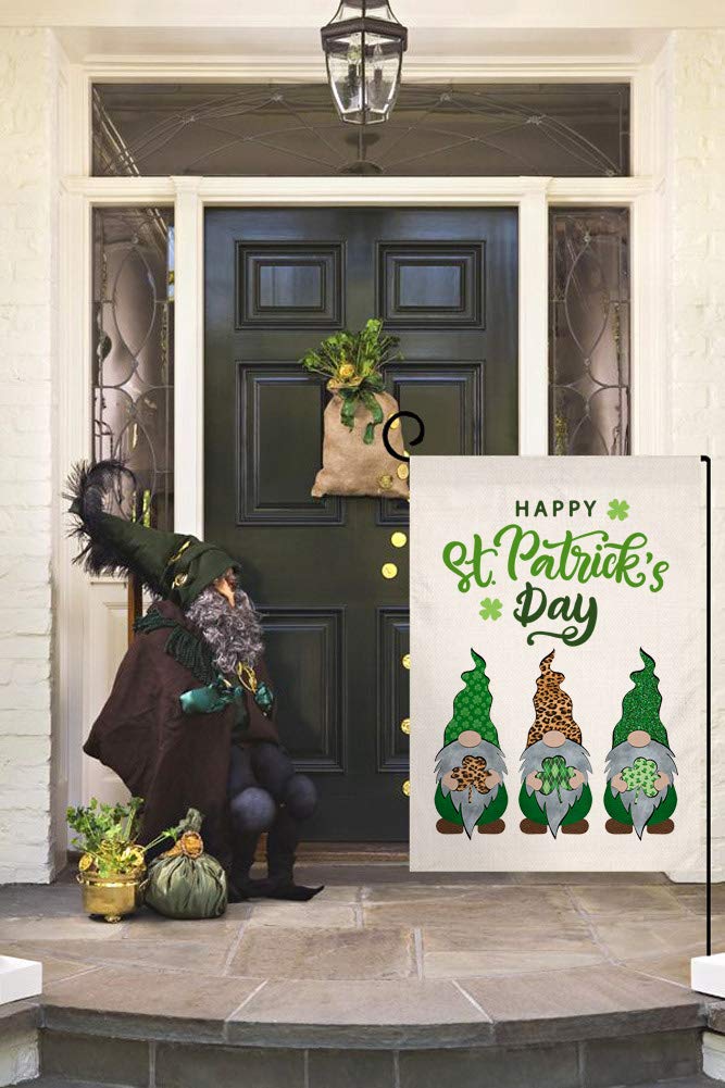 St. Patricks Day Gnomes Garden Flag Vertical Double Sided Burlap Yard Spring Shamrock Outdoor Decor 12.5 x 18 Inches 12.5x18 green