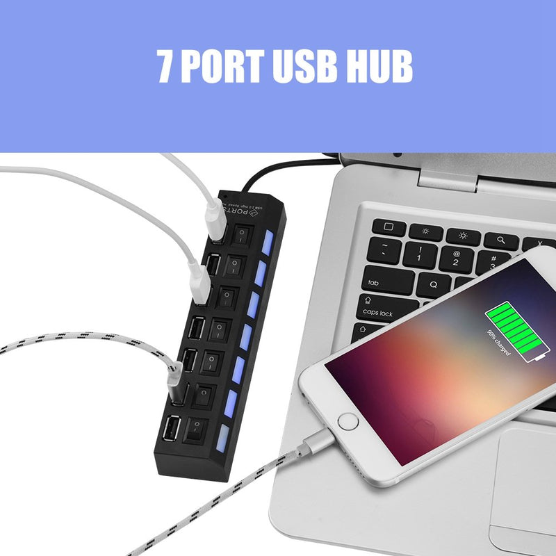480Mbps 7 Port USB Hub No Conflict Suitable for Windows XP/Vista/7/98/SE/2000/ME, Mac, Linux, Plug and Play, 7 Port USB 2.0 Hub for Mouse/Printer/Scanner