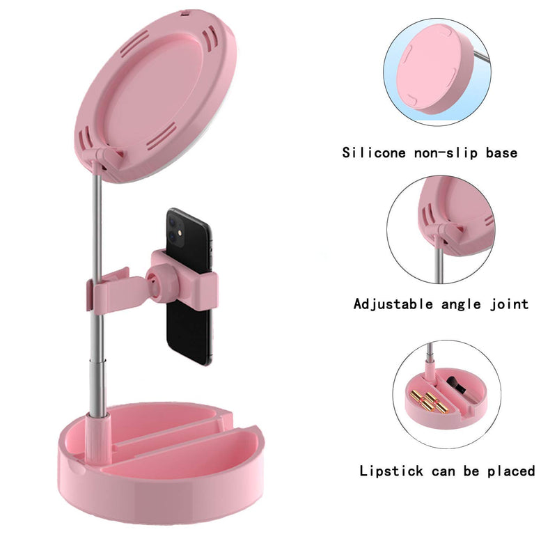 LED Ring Light Foldable Fill Light with Mirror Mobile Phone Holder, 3 Color Modes and 10 Brightness Ring Light for YouTube Video Live Streaming Make-up Photography USB Charging(Pink) Red