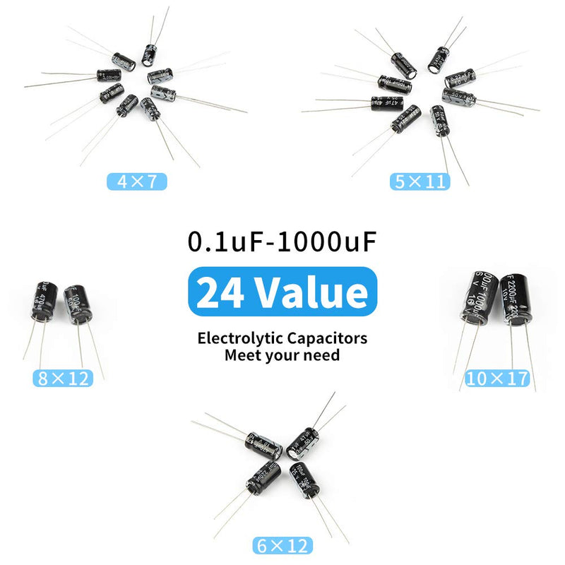 REXQualis 24Value 696pcs Electrolytic Capacitor Assortment Kit Range 0.1uF-1000uF, 10V 16V 25V 50V