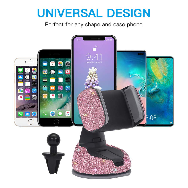 SAVORI Bling Car Phone Mount Rhinestone Crystal Car Interior Decoration Universal Cell Phone Holder Clip with Air Vent Base for Dashboard Windshield and Air Vent (Pink) Pink