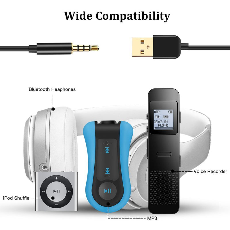 AGPTEK 3.5mm Male Jack to USB Charge and Data Cable for iPod Shuffle, SYRYN Waterproof MP3 Player, Headphones, Black