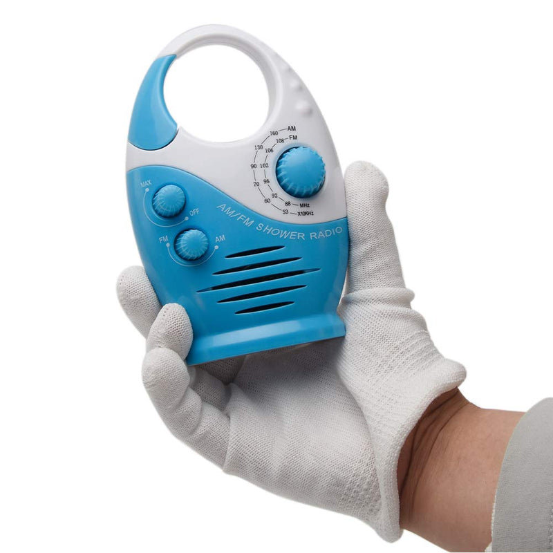 Shower Radio, AM/FM Button Bathroom Radio with Top Handle, Waterproof Hanging Shower Radio Speaker Adjustable Volume Music Player for Home Party Outdoor Travel Hiking(White & Blue) white & blue