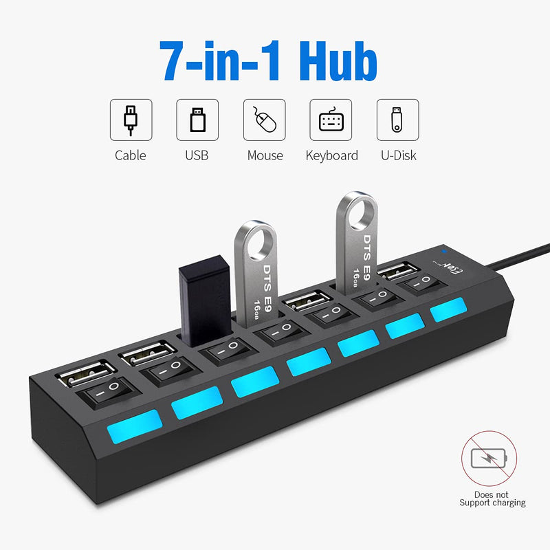 7-Port USB Hub USB 2.0 Hub Data Transfer with Individual Switches Indicator Lights for PC Laptop (Black-2) black-2